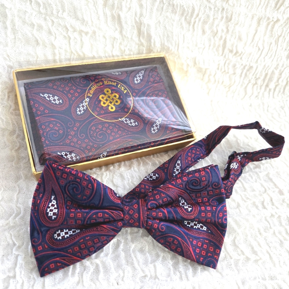 Men's Bow tie Paisley Pre-Tied Bowtie and Handkerchief Set Wedding Formal Party - Picture 6 of 6